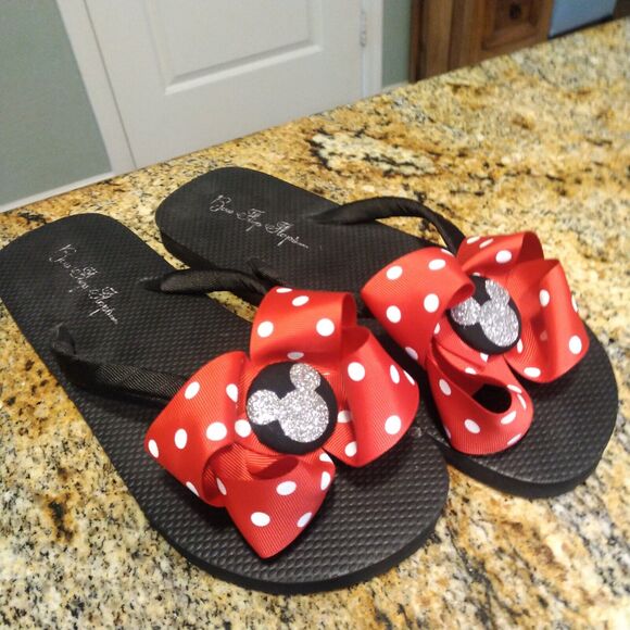 Cute Red Polka Dot Bow Ribbon Flip Flops with Mickey Mouse in Glitter 11/12 - Picture 2 of 9
